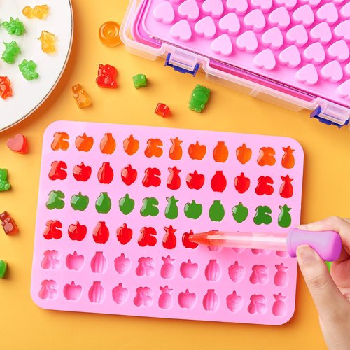 6 Pcs Mini Gummy Candy Molds Set, Silicone Bear Donut Dinosaur Fruit Snack Molds with 4 Droppers, Storage Box and Brush for Small Jello Candy Chocolate Gummy