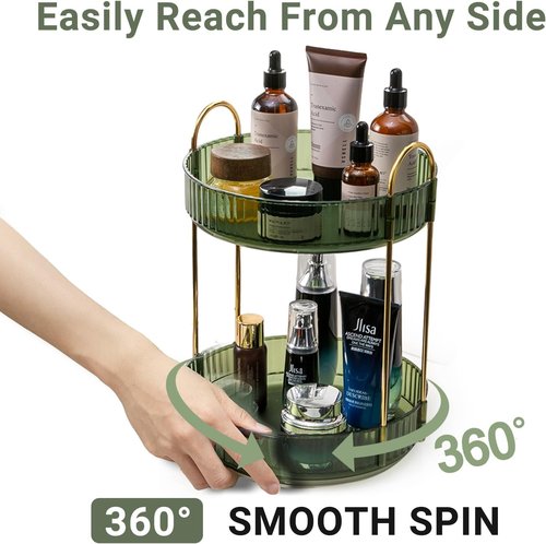 Asayuee 360° Rotating Makeup Organizer - Large Capacity Skincare & Perfume Holder | Green 2-Tier Design