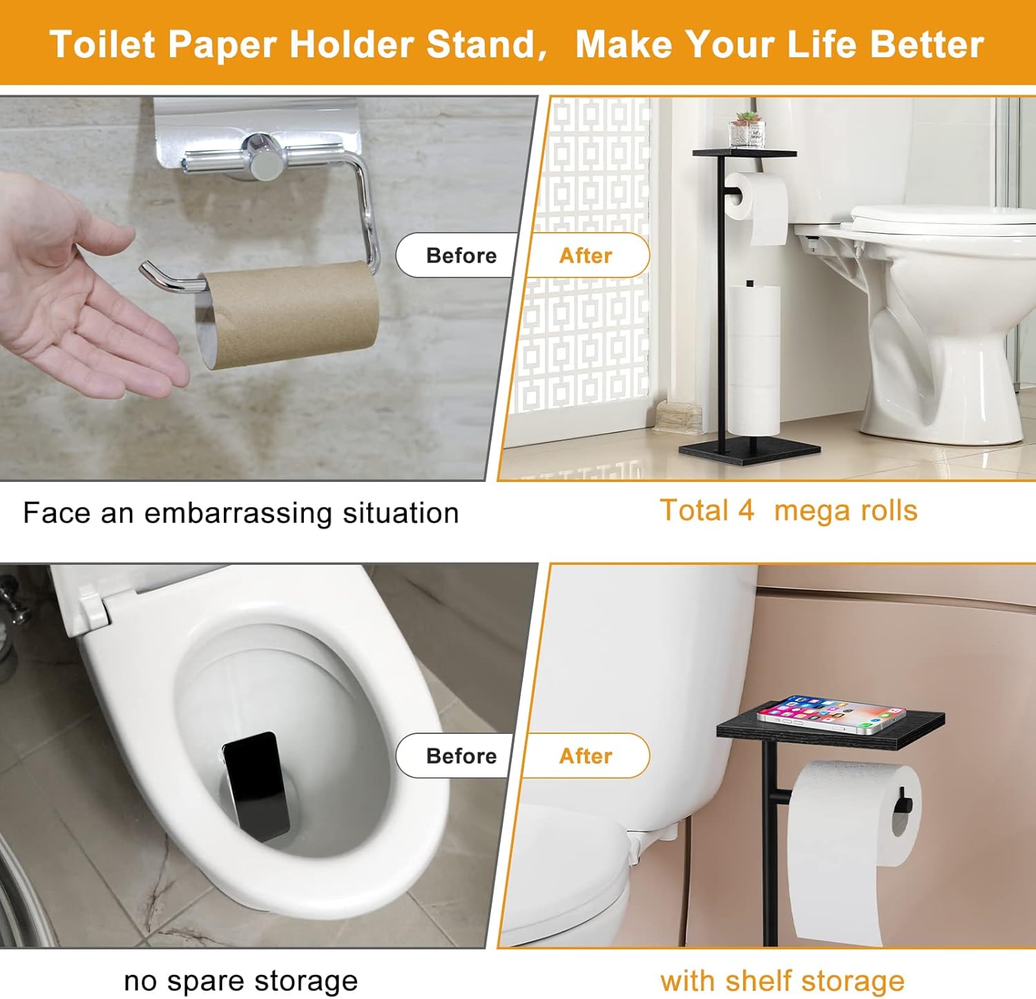 Skiennix Free Standing Toilet Paper Holder - Stylish Black Bathroom Stand with Storage Shelf for Mega Rolls