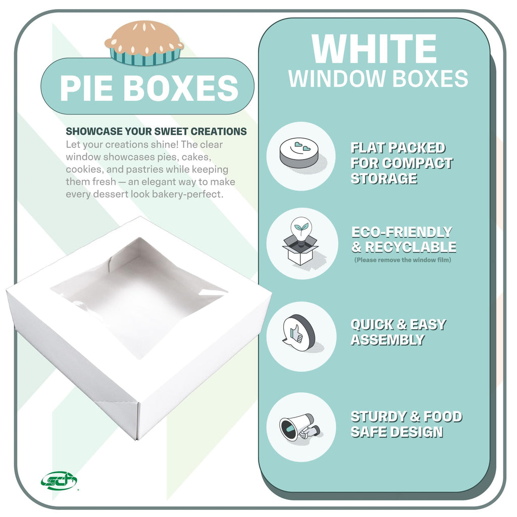 SCT White Window Bakery Boxes with Attached Flip Top, 4-Corner Beers Design, 8 x 8 x 2.5, White, Paper, 200/Carton