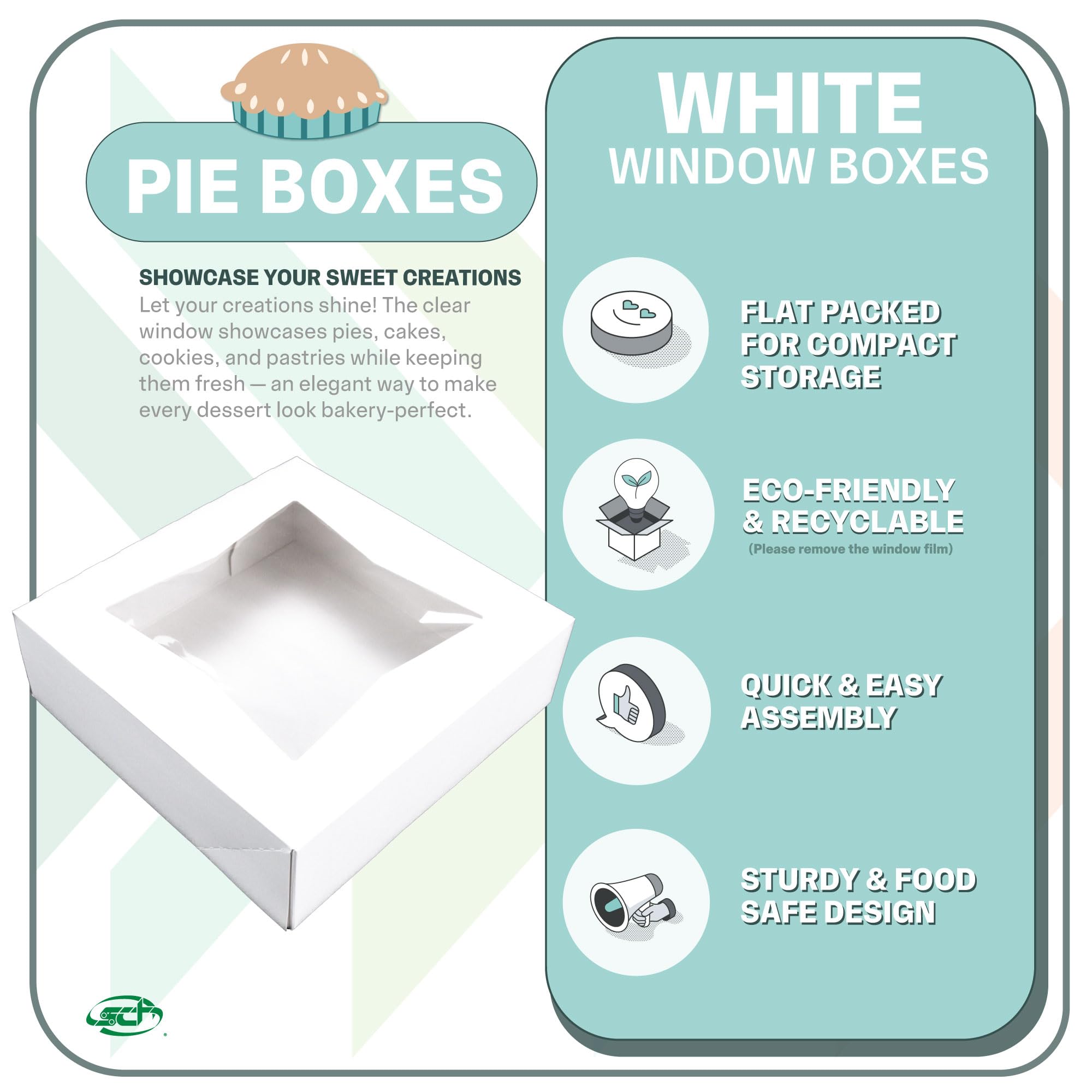 SCT White Window Bakery Boxes with Attached Flip Top, 4-Corner Beers Design, 8 x 8 x 2.5, White, Paper, 200/Carton