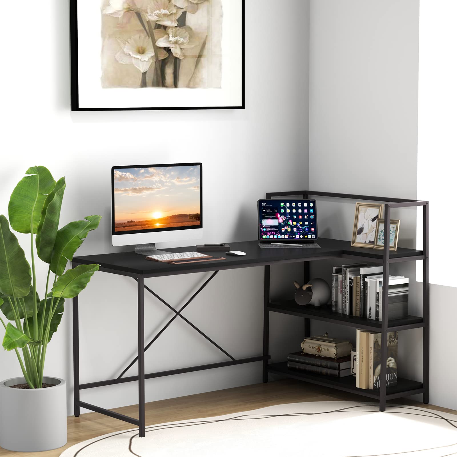 COSTWAY 59 Inch L-Shaped Computer Desk, Large Reversible Corner Desk with Open Storage Shelves, Space-Saving Writing Study Table PC Laptop Gaming Desk, for Home Office (Black)
