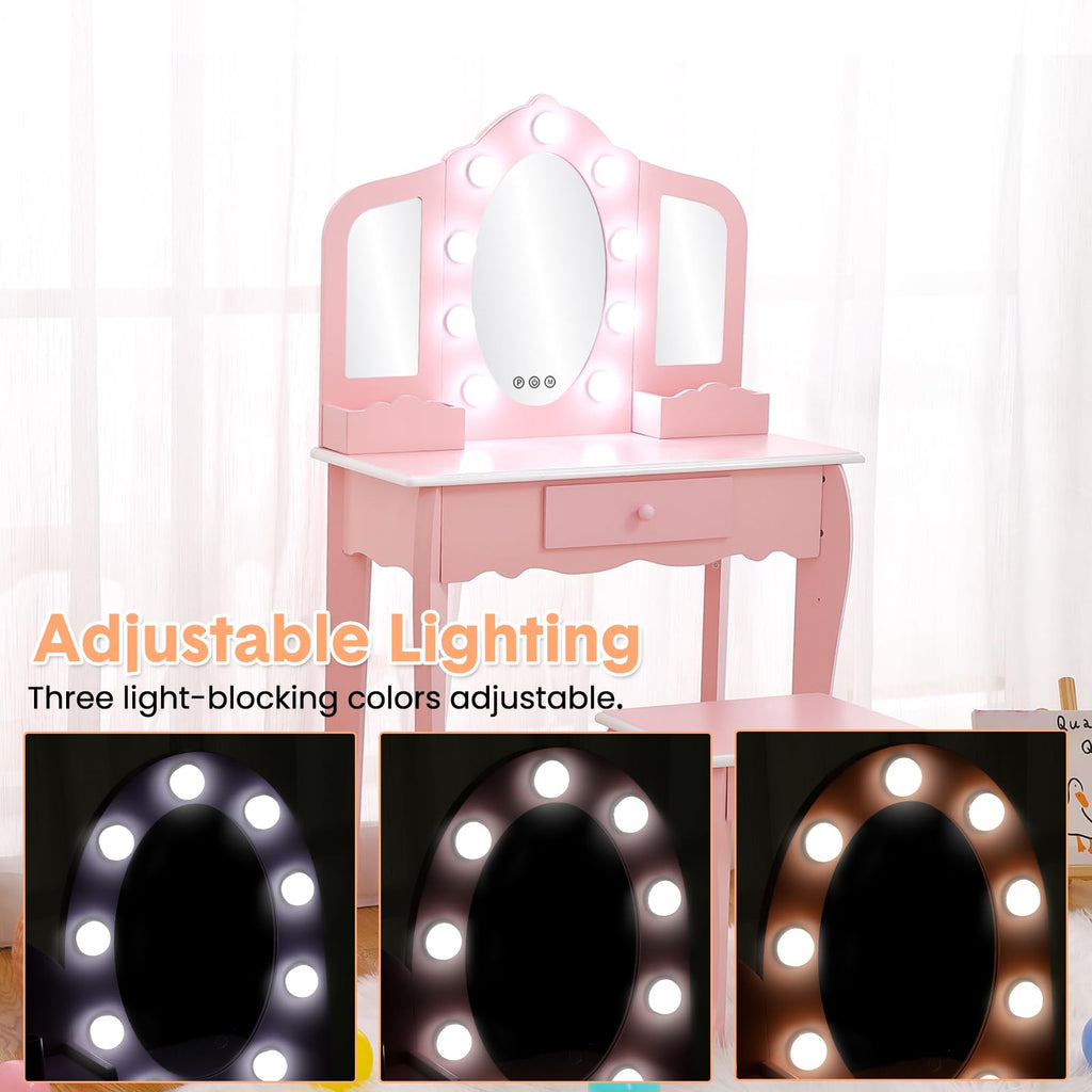Garvee Kids Vanity with Lighted Mirror, Little Girls Vanity Table & Stool, Kids Makeup with Tri-Fold Mirror, Drawer & Storage Grid for 3-9 Yrs Girls, Pink