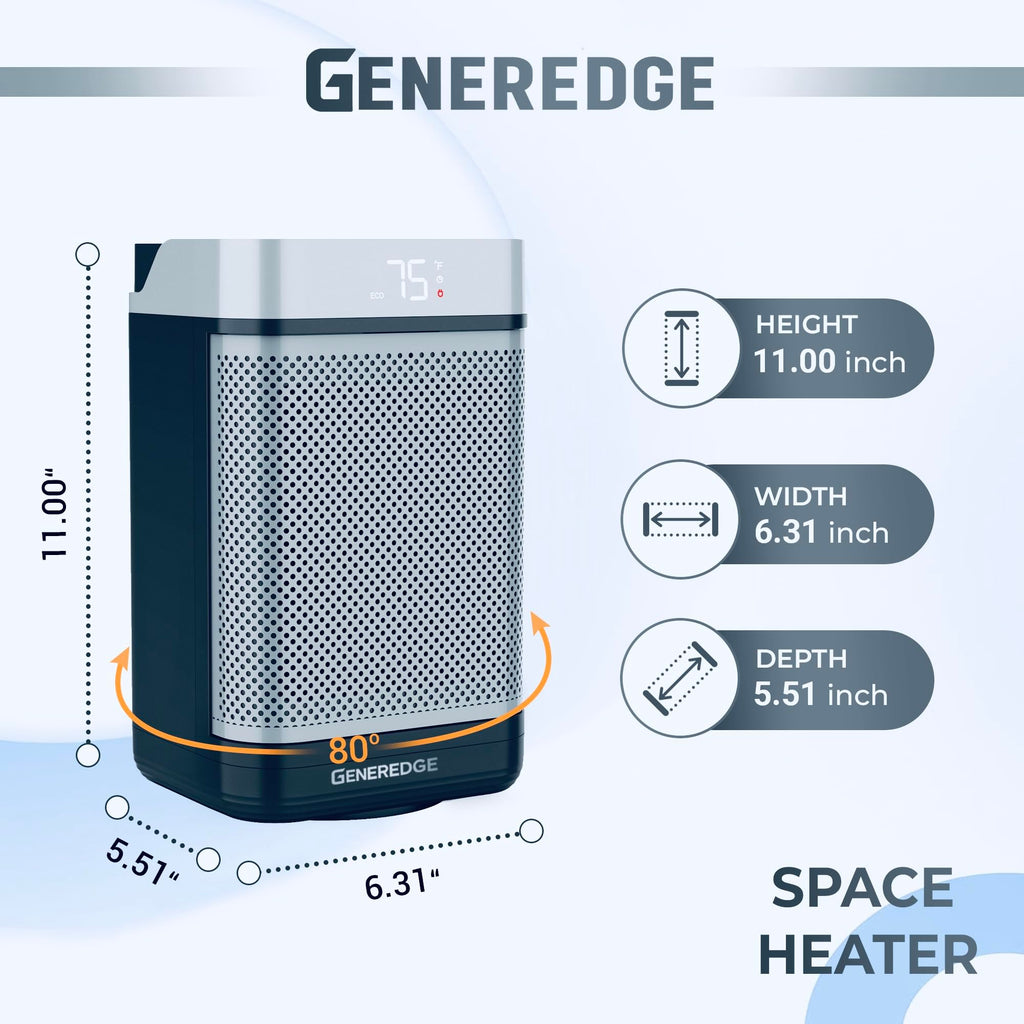 GENEREDGE Portable Space Heater for Indoor Use - 1500W PTC Electric Heater with Digital Thermostat, Remote Control, 80°Oscillation, Timer, Fan & Quite Eco Mode, Rapid and Safe Heating for Bedroom