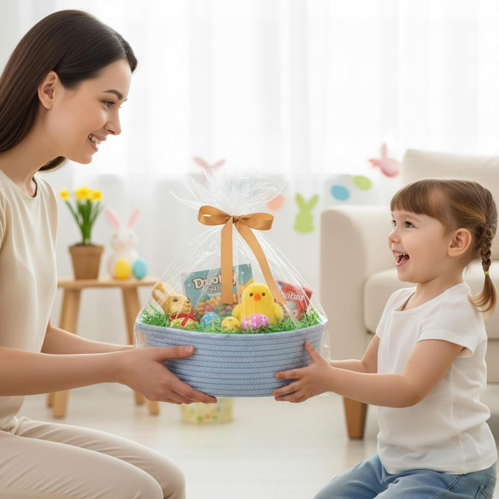 Small Woven Easter Basket - Decorative Rope Storage Organizer with Gift Bag & Ribbon | 12"x8"x5", Blue