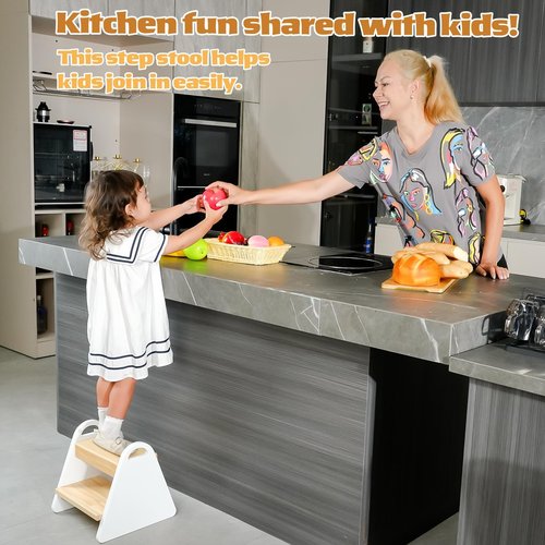 Toddler Step Stool, Wooden Step Stools for Kids, Kids Potty Training Stool with Handles, Rounded Corners Child Stepping Stool for Bathroom Sink, Kitchen, Bedroom(New-White)
