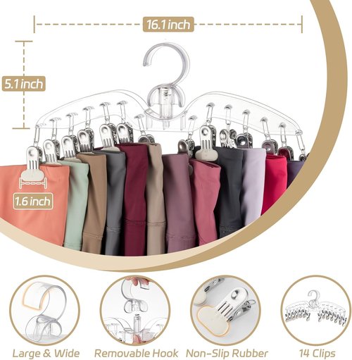 Imncya Legging Hanger - 2 Pack Plastic Yoga Pants Organizer with 14 Clips | Space-Saving Closet Storage (Large Clear)