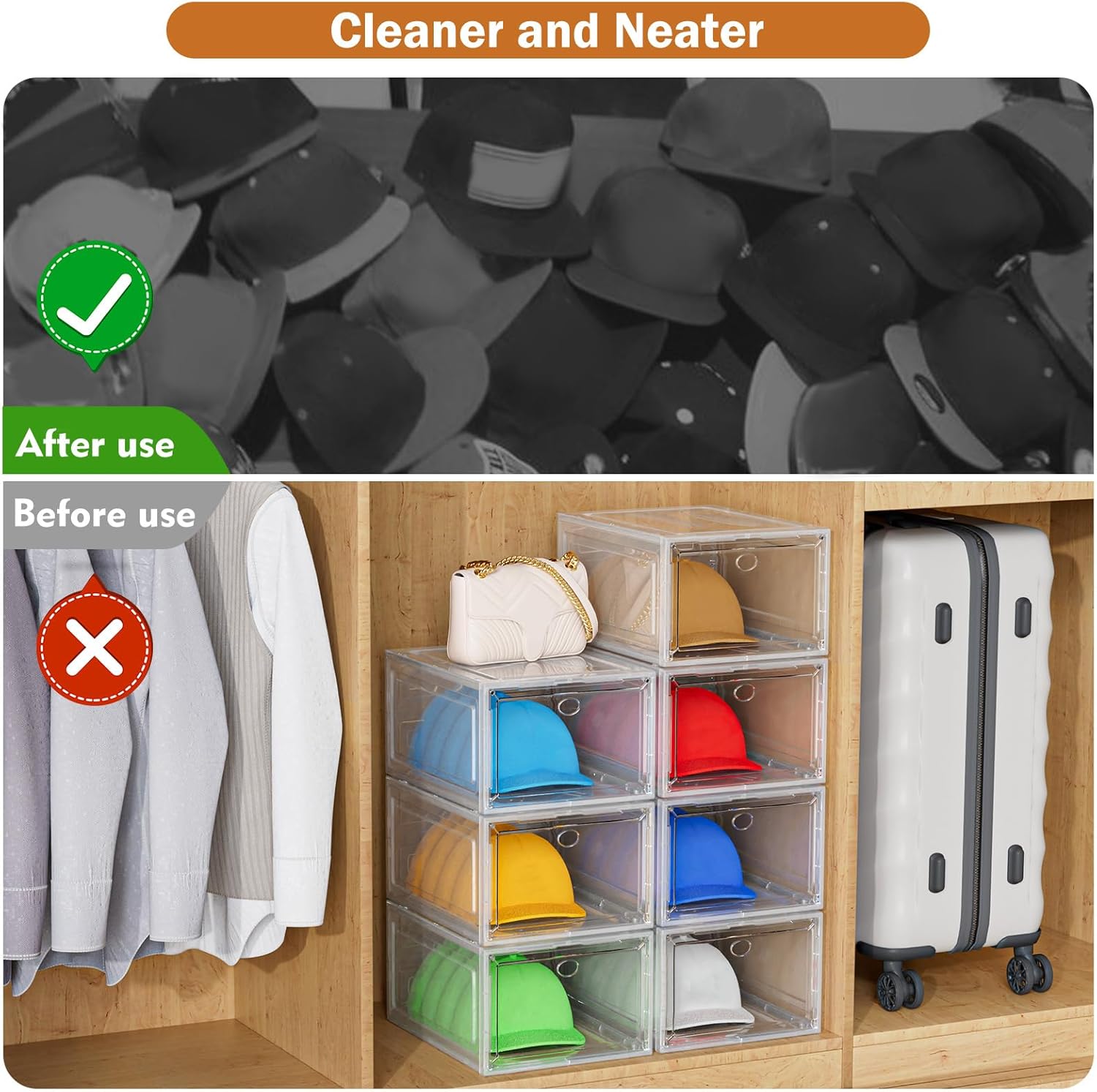 YKLSLH Hat Organizer - Durable Clear Storage Box for 40 Baseball Caps with Magnetic Door | White