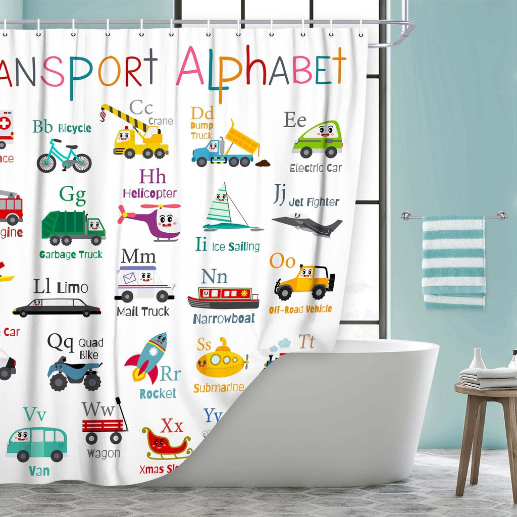 Grtuspr Vehicles Alphabet Shower Curtain for Kids, Kid Excavator Tractor Machinery Trucks Curtain, Construction Vehicle Boys, Bulldozer Crane Bath Equipment Truck