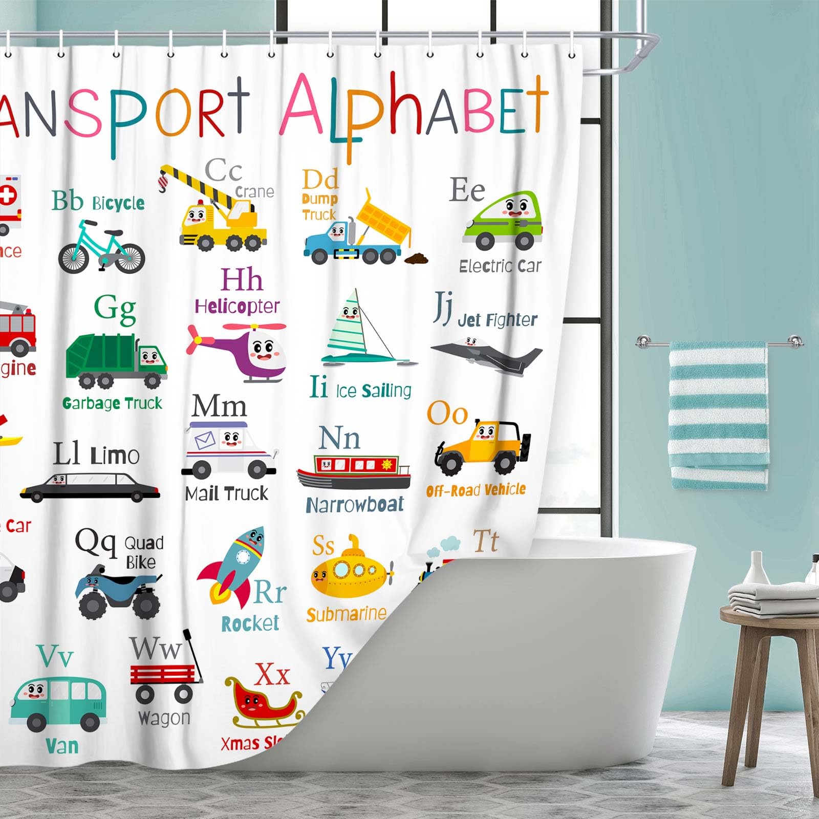 Grtuspr Vehicles Alphabet Shower Curtain for Kids, Kid Excavator Tractor Machinery Trucks Curtain, Construction Vehicle Boys, Bulldozer Crane Bath Equipment Truck