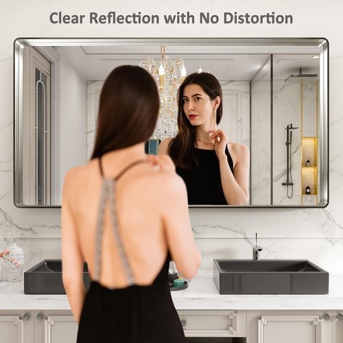 LOAAO Brushed Nickel Bathroom Mirror - 72x32 Inch Rounded Rectangle, Anti-Rust & Shatterproof Design
