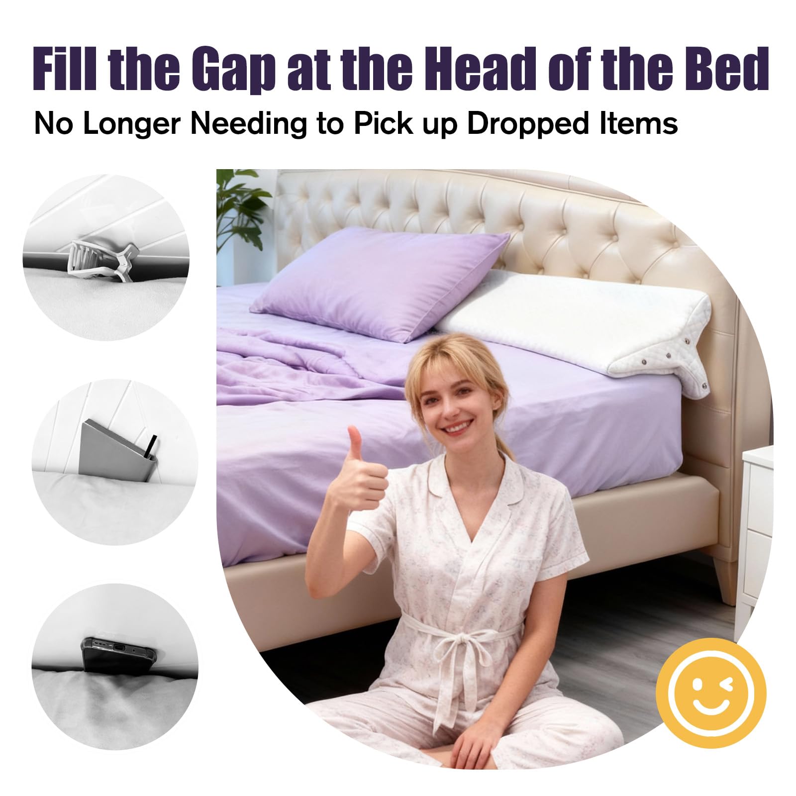 JZHLLA Triangle Bed Gap Filler King High Density Foam Headboard Gap Filler Pillow with 2 PCS Pockets and Removable Washable Cover, Prevent Items from Falling