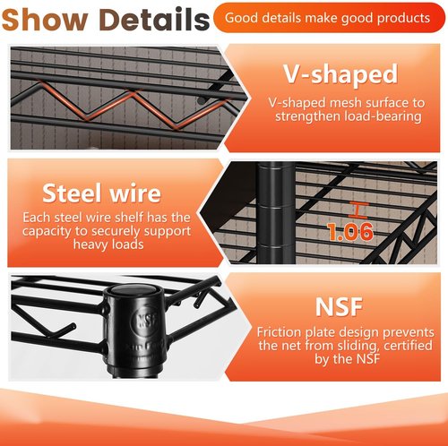 BestOffice 6-Tier Wire Storage Shelves - Heavy-Duty Metal with Wheels | Adjustable | 18x45x82 | Black | Holds Up to 2100 lbs | No-Tool Assembly for Home & Garage