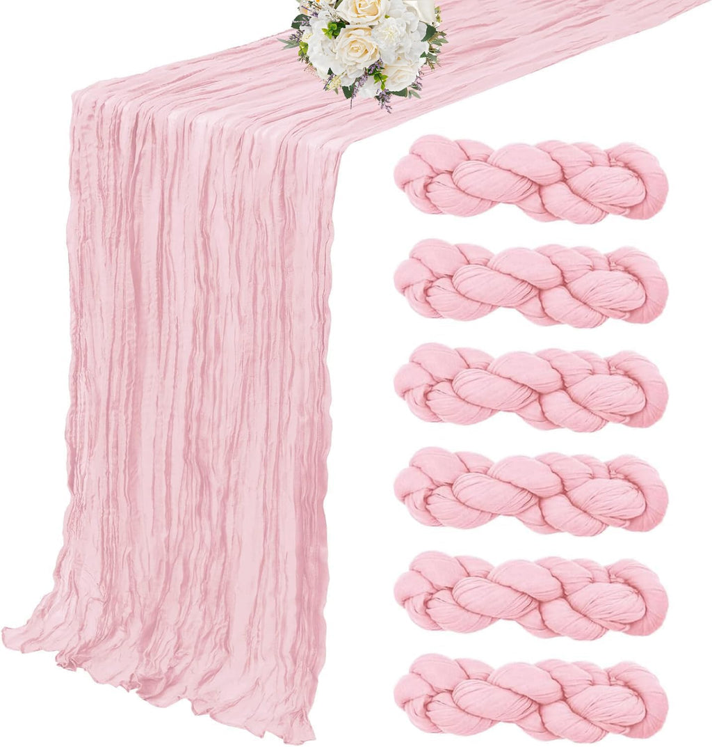 6 Pack Light Pink Cheesecloth Table Runner 10FT Boho Gauze Fabric Table Runner 35 x 120 Inch Spring Rustic Sheer Runner for Wedding Birthday Baby Shower Table Decoration
