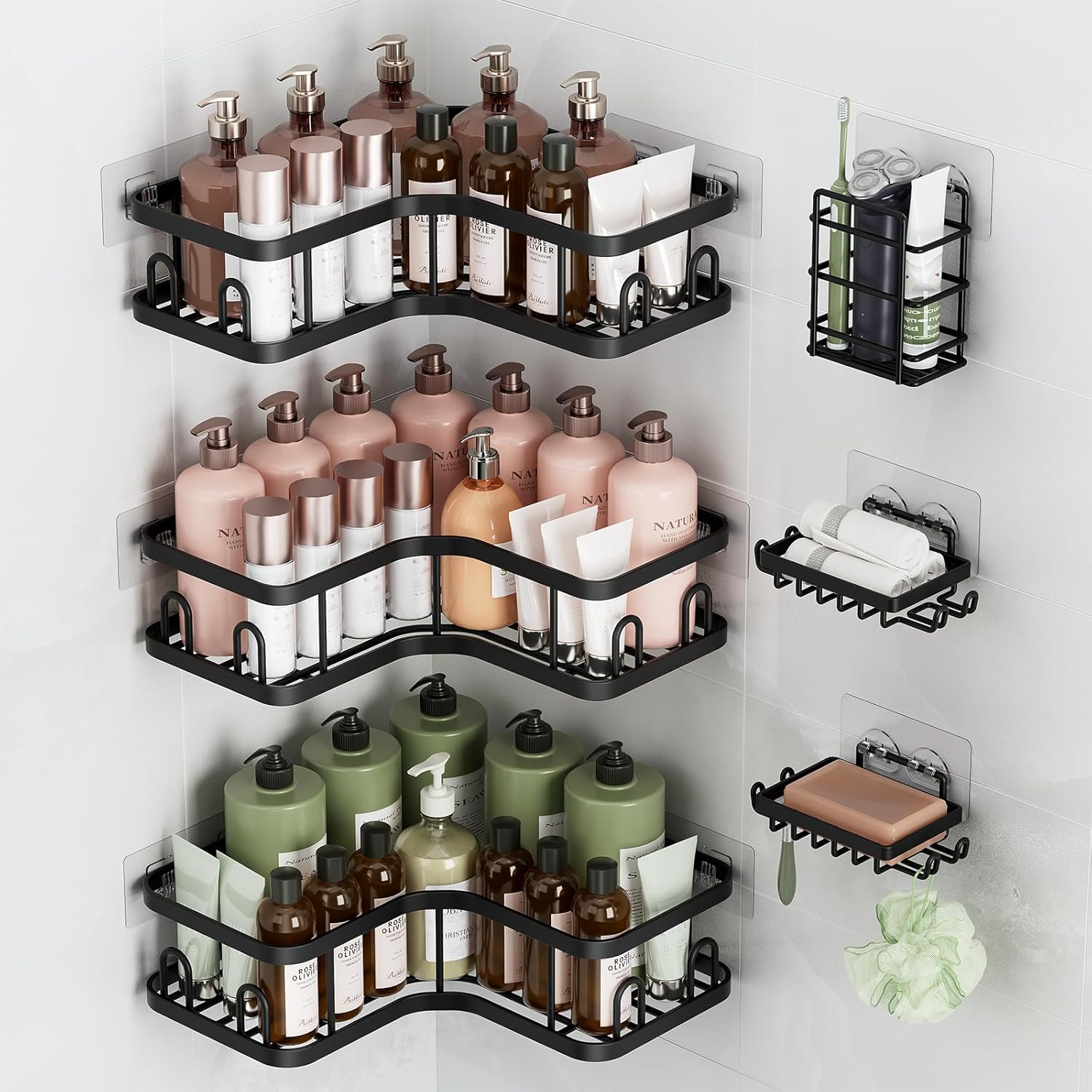 Veken Corner Shower Caddy - Rustproof No-Drill Adhesive Shelves & Soap Holder | Large Capacity, Black