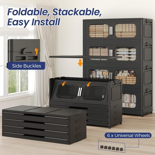 250GAL Extra Large Storage Bins - Stackable Collapsible Containers with Lid & Wheels | 5-Pack Black