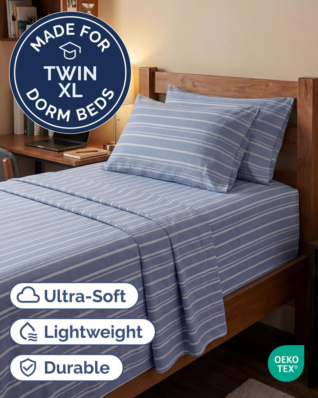 Skiennix Extra Deep Twin XL Sheet Set | 4-Piece Cooling Bedding - Soft, Breathable, Wrinkle-Free - Blue Stripes