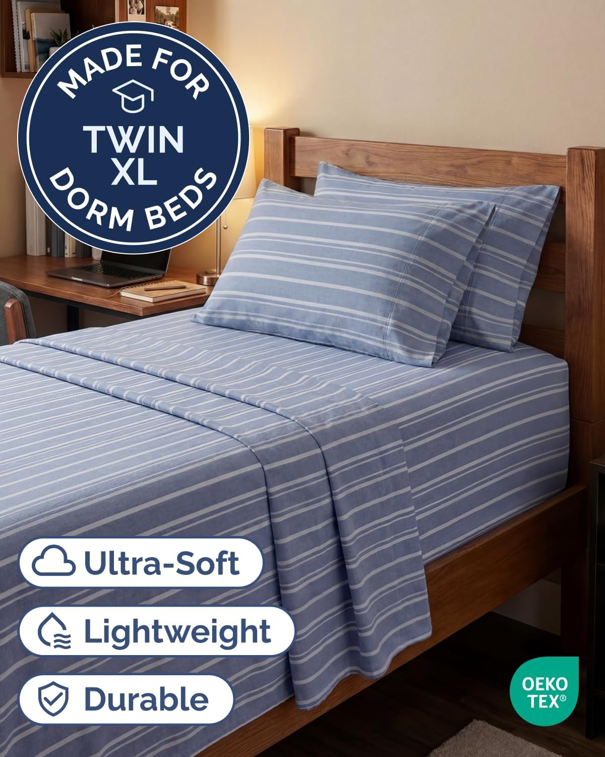 Skiennix Extra Deep Twin XL Sheet Set | 4-Piece Cooling Bedding - Soft, Breathable, Wrinkle-Free - Blue Stripes