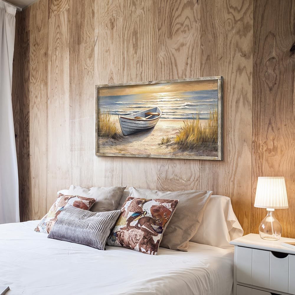 Skiennix Coastal Wall Art - Ocean Boat Sunset Painting | Seascape Decor for Living Room, 40”x20”