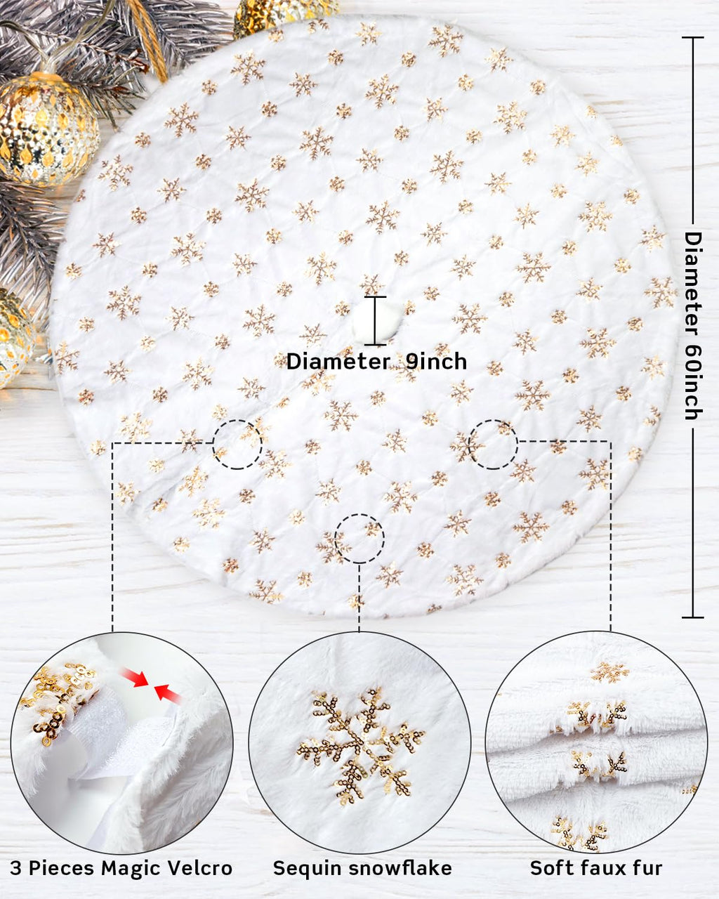 COOLWUFAN 60 Inches Faux Fur Christmas Tree Skirt for Xmas Tree Holiday Party Decoration White Plush Gold Sequin Snowflake (Gold)