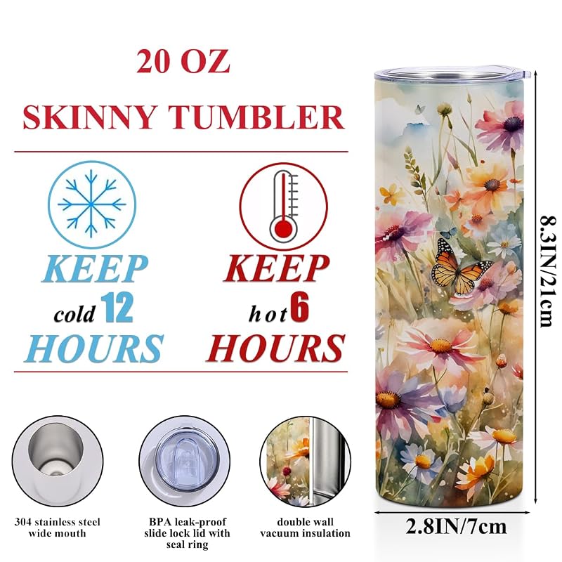 20 oz Skinny Tumbler Stainless Steel Slim Insulated Travel Cup with Lid - Butterfly Variation
