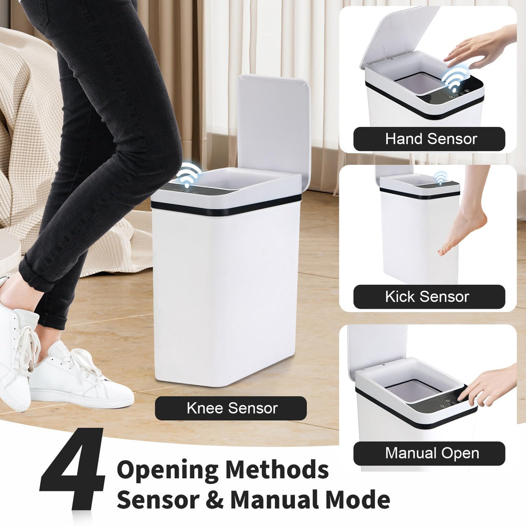SHTALHST 3 Pack Bathroom Trash Can with Lid, 2.5 Gallon Small Slim Trashcan, Automatic Trash Can Touchless, Motion Sensor Waterproof Plastic Trash Bin for Bedroom Kitchen Office Living Room (White)