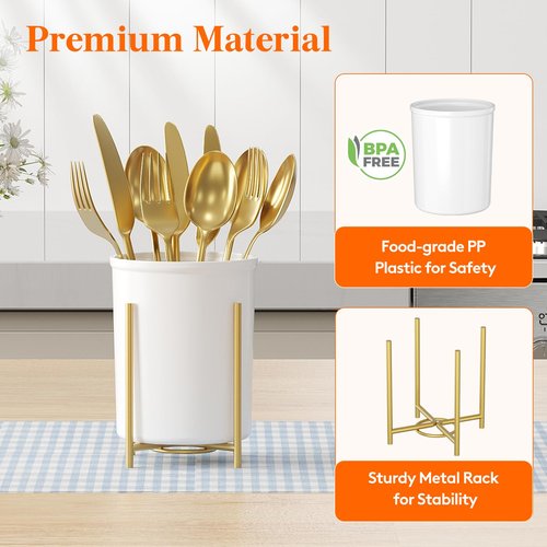 Lifewit Plastic Silverware Holder for Kitchen Countertop, Cutlery Flatware Caddy with Metal Bracket, Utensil Spoon Fork knives Organizer for Party Picnic, Gold, 3 Pack