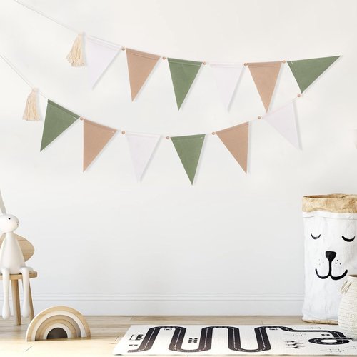 Sage Green Beige and Baby Bunting - Kids Bedroom Decorations, Neutral Triangle Flag Banner, Home Nursery Wall Hanging Decorations, Rustic Triangle Flag Felt Bunting Garland