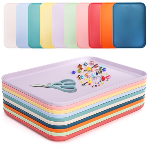 Lyellfe 10 Pack Plastic Art Trays, Stackable Activity Crafts Organizer Tray, 12 x 8.6 Inch Fast Food Cafeteria Serving Platter for DIY Projects, Painting, Beads