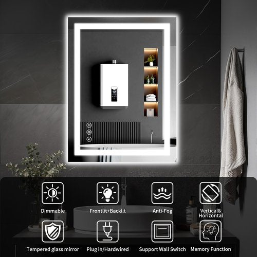 WISSMIELS 24"x36" LED Bathroom Mirror with Lights, Dimmable, Anti-Fog, Lighted Bathroom Vanity Mirror for Wall, Backlit + Front Lit, Memory Function, Shatter-Proof, Tempered Glass