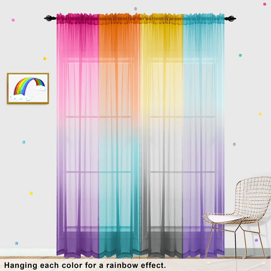 Sheer Curtains for Little Girls Bedroom, Kawaii Cute Preppy Teen Toddler Ombre Rainbow Curtains for Nursery Kids Room Decor Aesthetic, Wide 52 x 84 Inches Long 2 Panels Set, Pink and Purple Lilac
