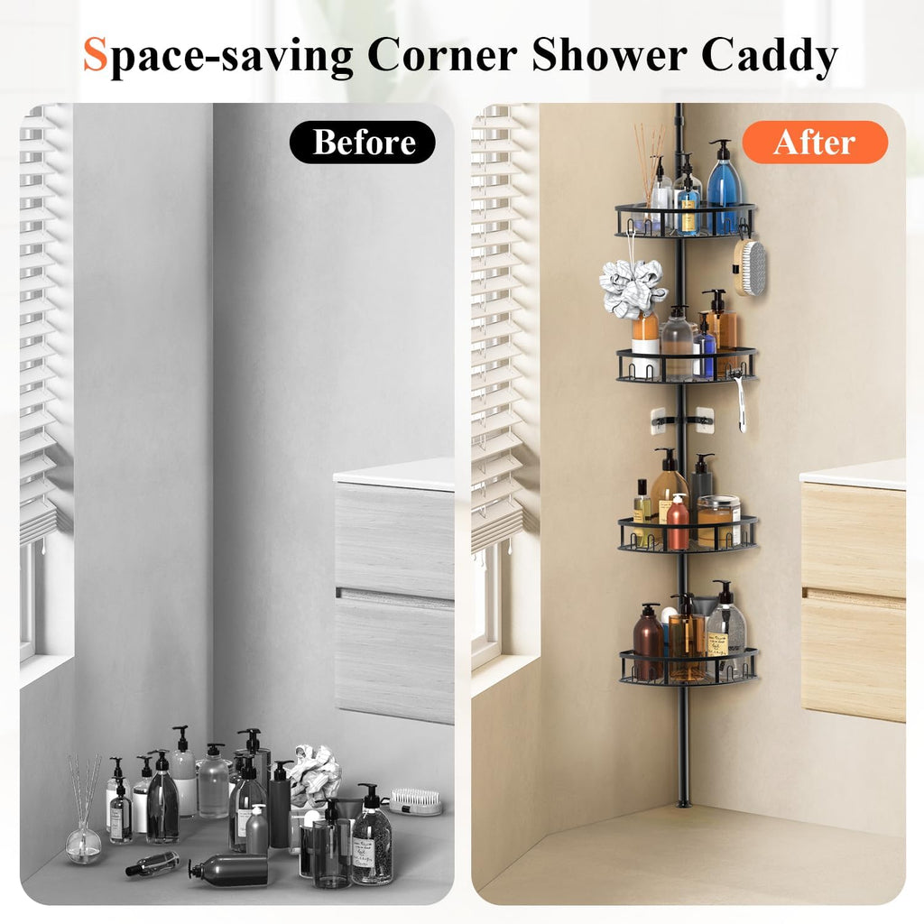 Skiennix 4-Tier Rustproof Corner Shower Caddy - Adjustable Height 42-115 Inch Bathroom Organizer | Black