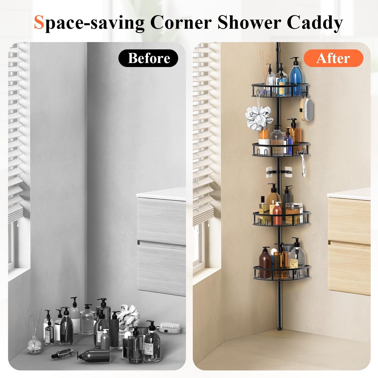 Skiennix 4-Tier Rustproof Corner Shower Caddy - Adjustable Height 42-115 Inch Bathroom Organizer | Black