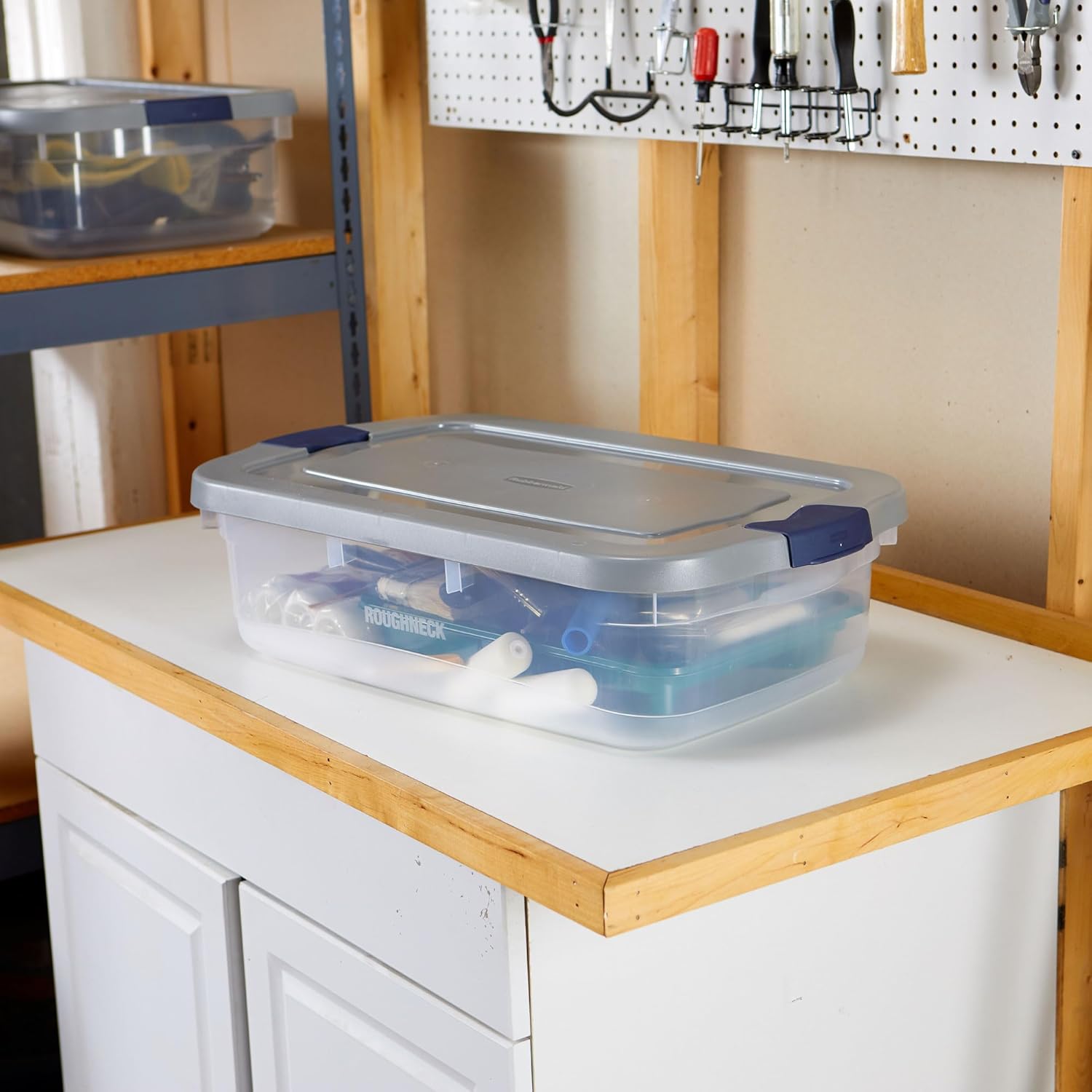 Rubbermaid Roughneck 31 Qt Storage Containers - Pack of 6 with Snap-Fit Grey Lids | Sturdy & Stackable