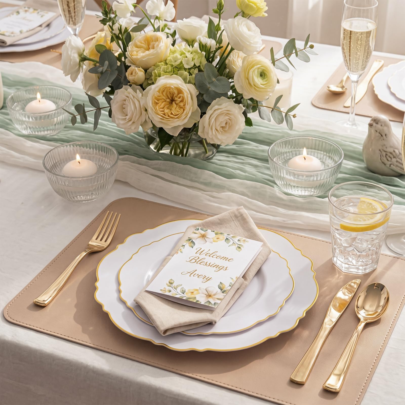 WDF 100pcs Gold Plastic Plates - High-end Baroque Design - Heavy Duty White &Gold Wedding Plates Set Ideal for Party/Wedding/Birthday