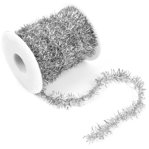 CCINEE Christmas Tinsel Garland, 65.6 FT Silver Glitter Ribbon Metallic Foil Thin Christmas Mini Garland for Xmas Tree Party Wedding Decorations Craft Supplies