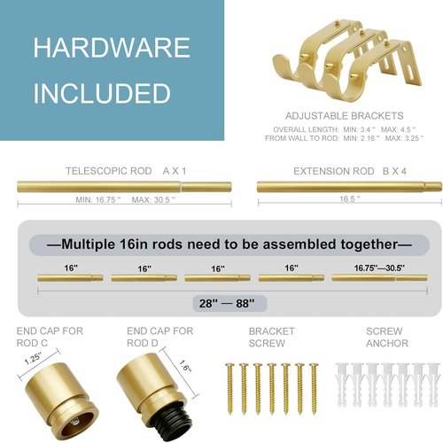 Byondeth Curtain Rods - Adjustable 16 to 88 Inches | 1 Inch Diameter with Elegant Flash Gold Finials