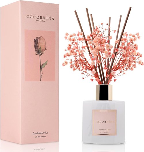 Cocorrína Premium Reed Diffuser Set - Sandalwood Rose with Preserved Baby's Breath | 6.7oz Home Décor Fragrance Oil