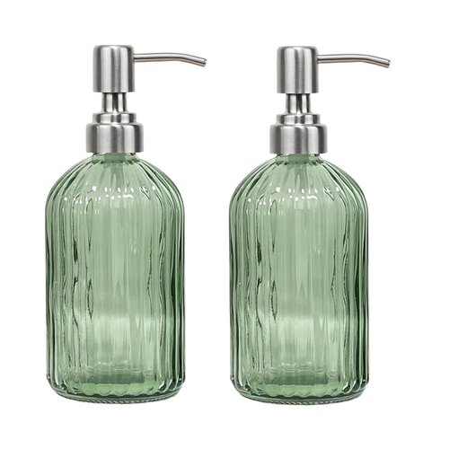 14Oz Green Soap Dispenser Bathroom - 2 Pack, Clear Glass Hand Soap Dispensers with Stainless Steel Pump, Refillable Dish Soap Dispenser for Kitchen, Countertop Soap Dispensers