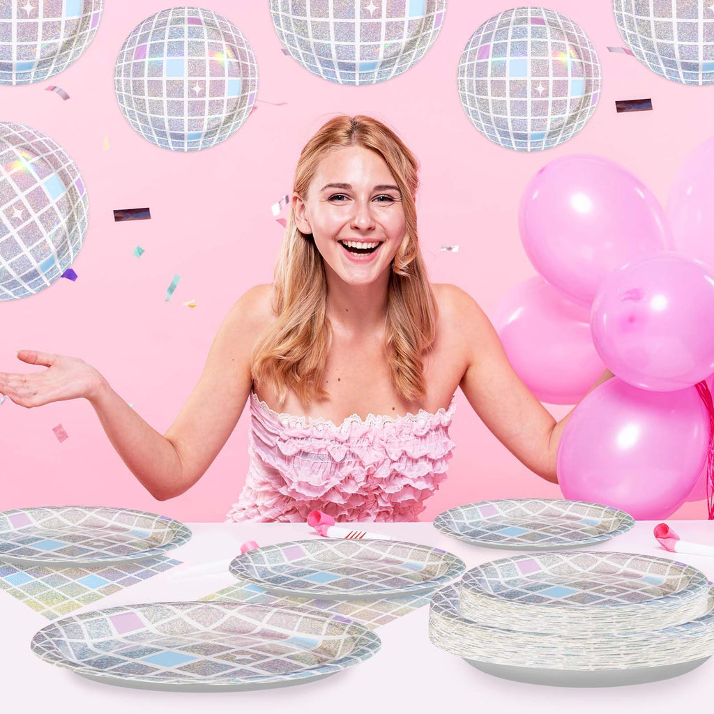96Pcs Disco Party Supplies Pink Pastel Silver Disco Ball Plates and Napkins Sets Rainbow Iridescent Birthday Decorations for Dancing Queen 17th Wedding Sprinkle Bachelorette 70s Disco Party Serves 24