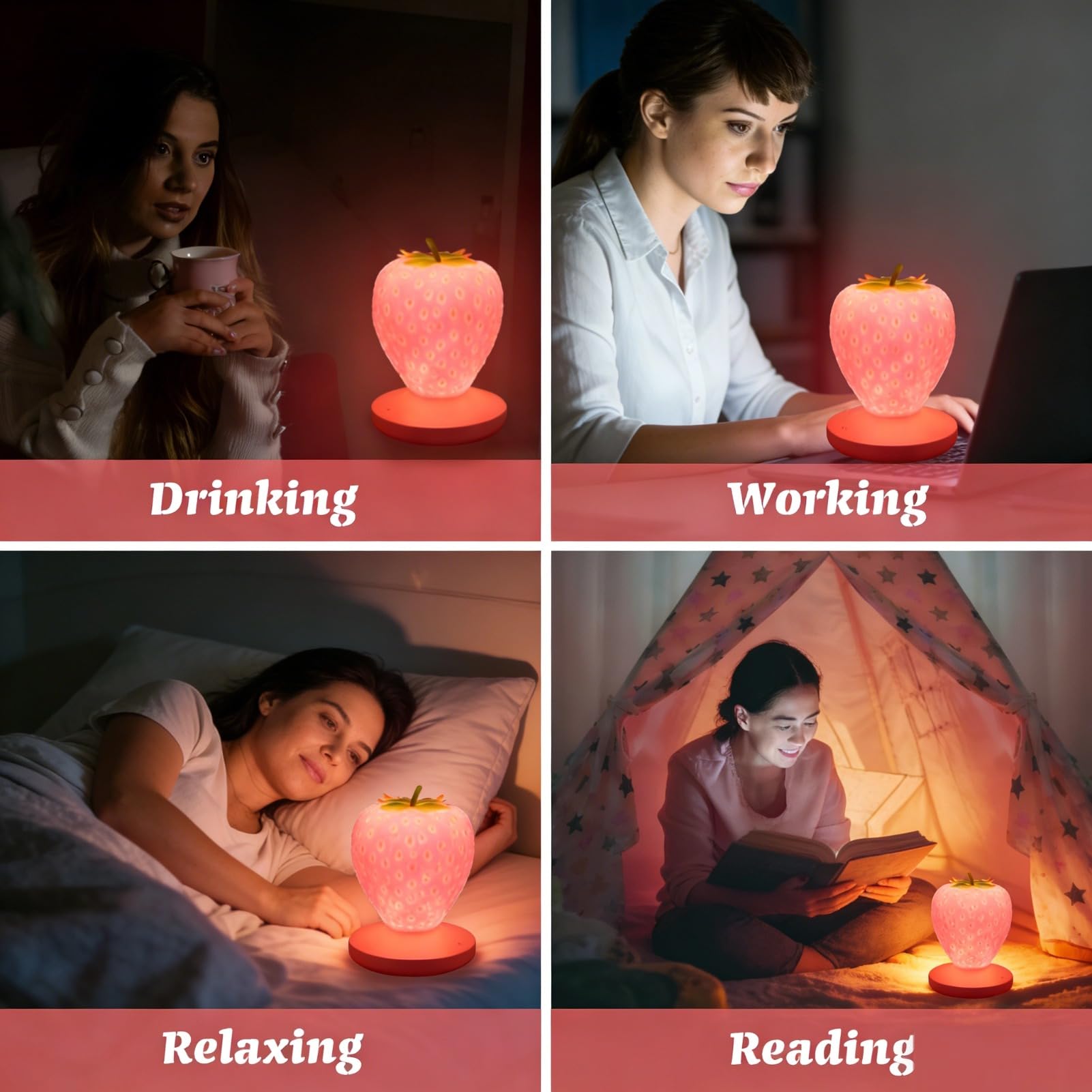 Rivonthex ‌Strawberry Night Light, Cute Silicone LED Touch Strawberry Lamp, USB Rechargeable, 3 Modes Dimmable, Color Changing Bedside Lamp, Valentine's Day, Birthday Gifts