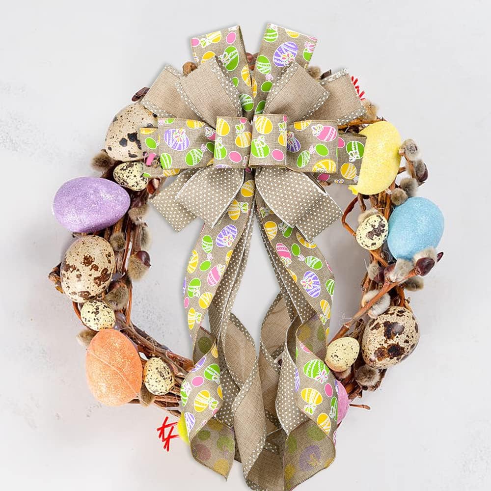 Skiennix Large Easter Wreath Bow - Flaxen Burlap Ribbon Bunny Decor for Spring Celebrations