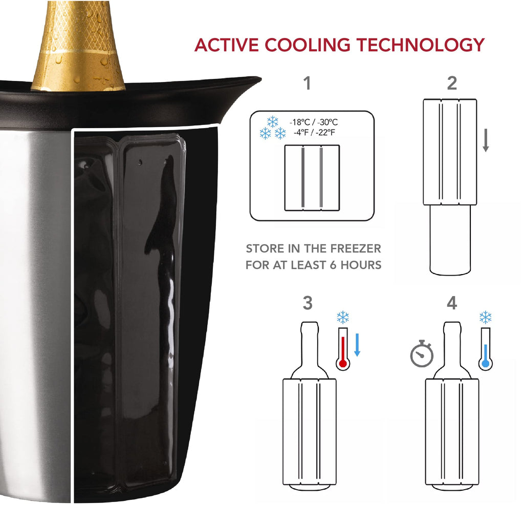 Vacu Vin Champagne Cooler – Stainless Steel Active Bottle Chiller – Includes Removable Cooling Sleeve – Keeps Champagne Cold for Hours – Stylish & Reusable Ice-Free Tabletop Cooler