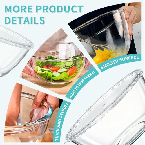 KEUYE Large Glass Bowl For Bread Making,4.7Qt(4500ml),Dishwasher Safe,Glass Bowl For Sourdough Bread Proofing,With Lid