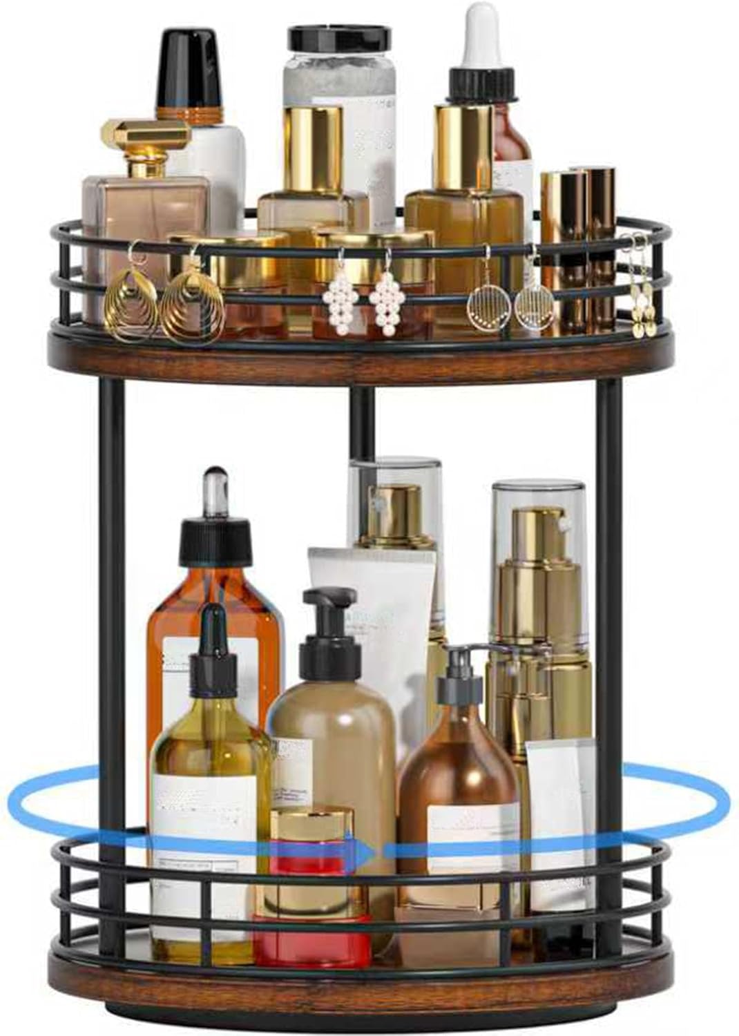Skiennix 2-Tier Rotating Makeup Organizer - Stylish Wooden Bathroom Countertop Storage | Brown