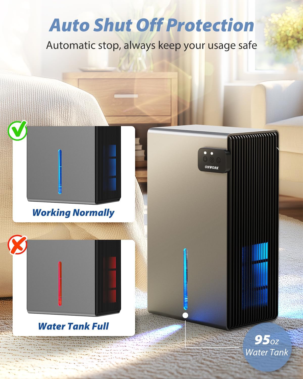 **Dehumidifier | 95 OZ Quiet Home Dehumidifier for Up to 800 Sq.Ft - Auto Shut Off, 7 LED Colors**