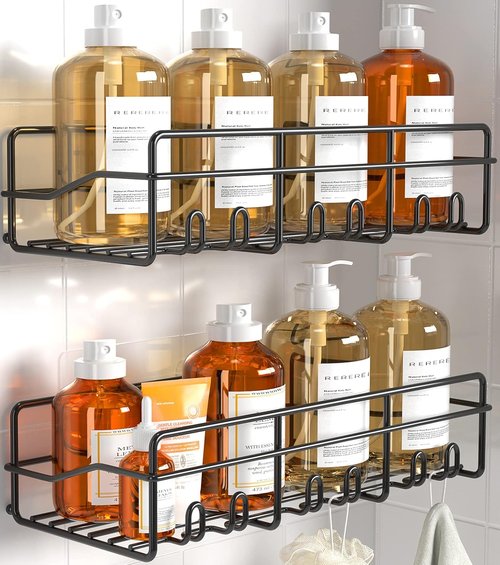 Coraje Adhesive Bathroom Caddy - Large Capacity Rustproof Metal Shelves | 2-Pack Black Organizer for Shower Essentials