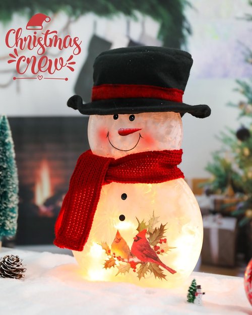 Bdor 11-Inch Glass Snowman Decoration - Light-Up Holiday Ornament with Cardinals & Red Scarf for Indoor Christmas Décor