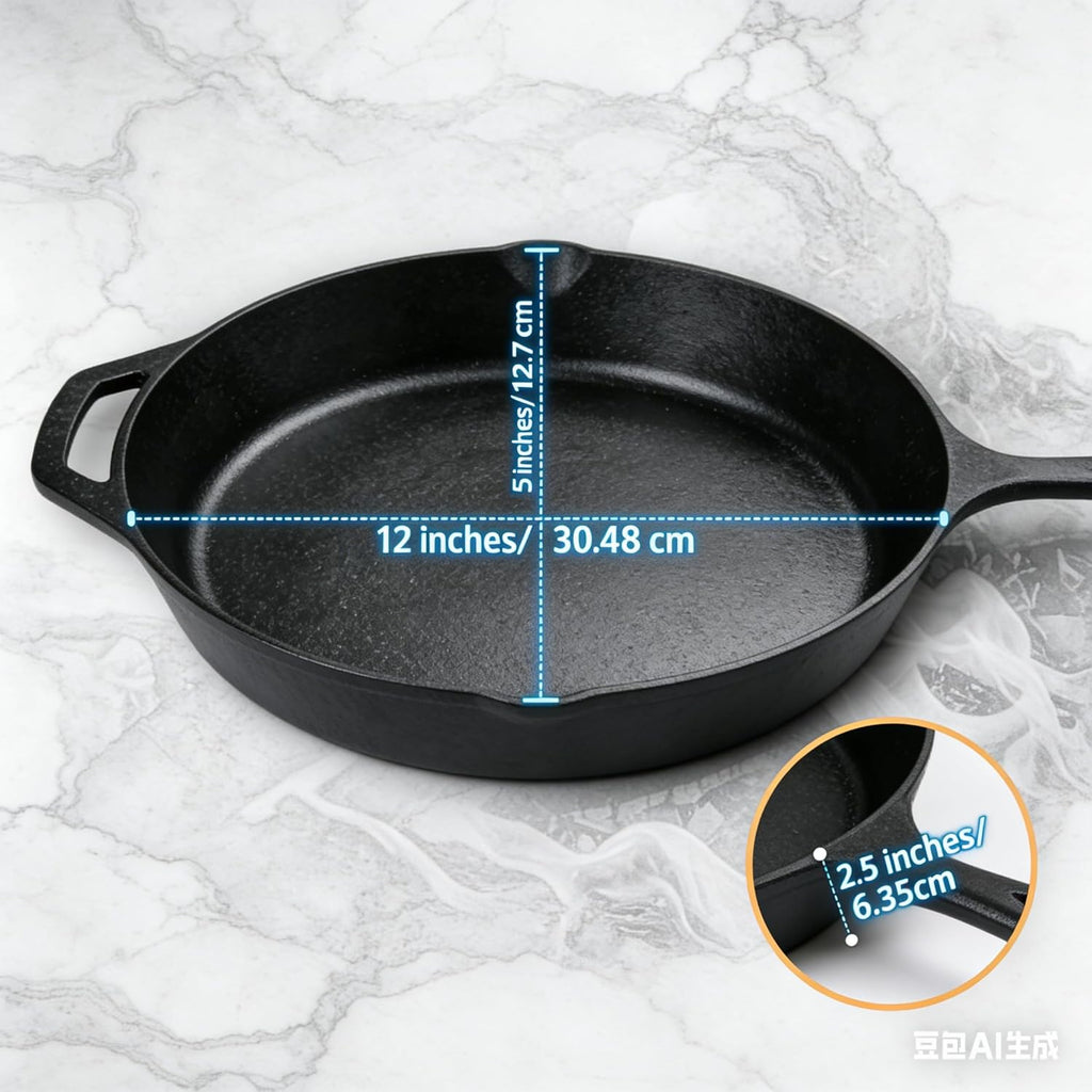 Skiennix Pre-Seasoned Cast Iron Skillet - 12.5 Inch Heavy Duty Non-Stick Cooking Pan with Dual Handles