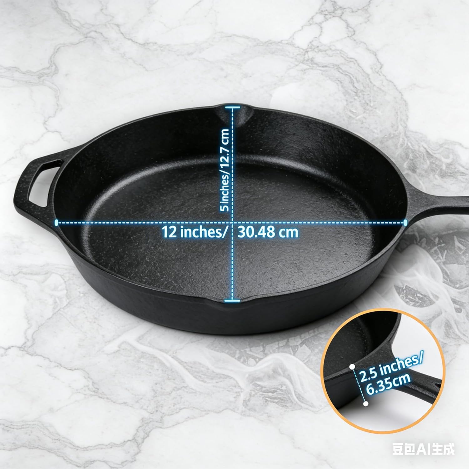 Skiennix Pre-Seasoned Cast Iron Skillet - 12.5 Inch Heavy Duty Non-Stick Cooking Pan with Dual Handles